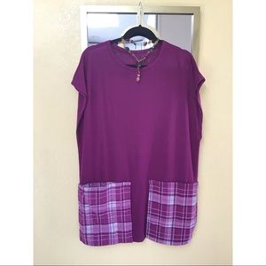 Top, oversized plaid pockets, with necklace.